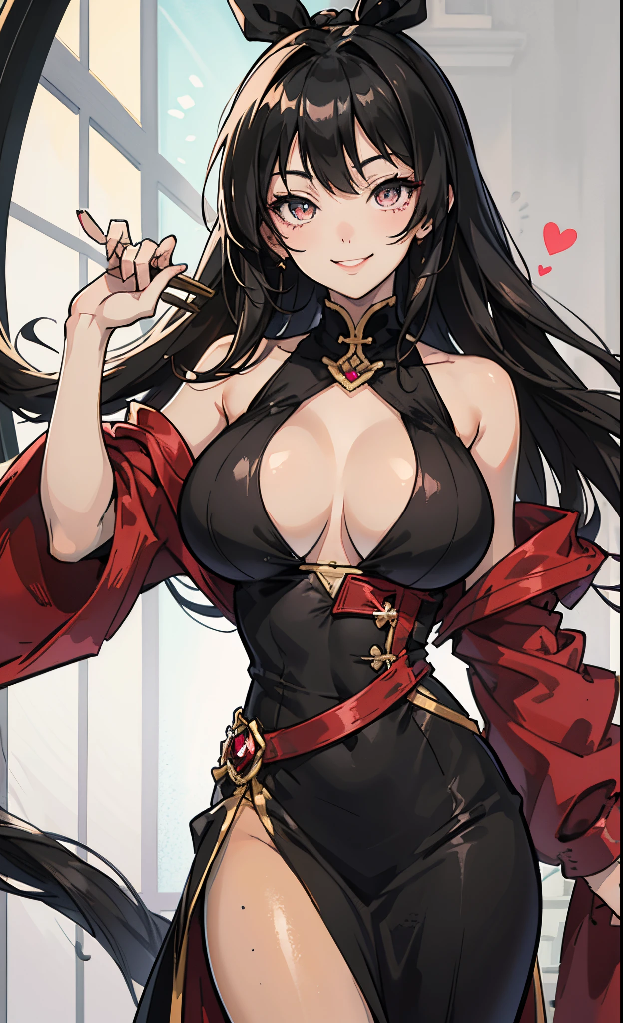 anime girl with long balck hair, tan, ruby eyes, big boobs while smiling.