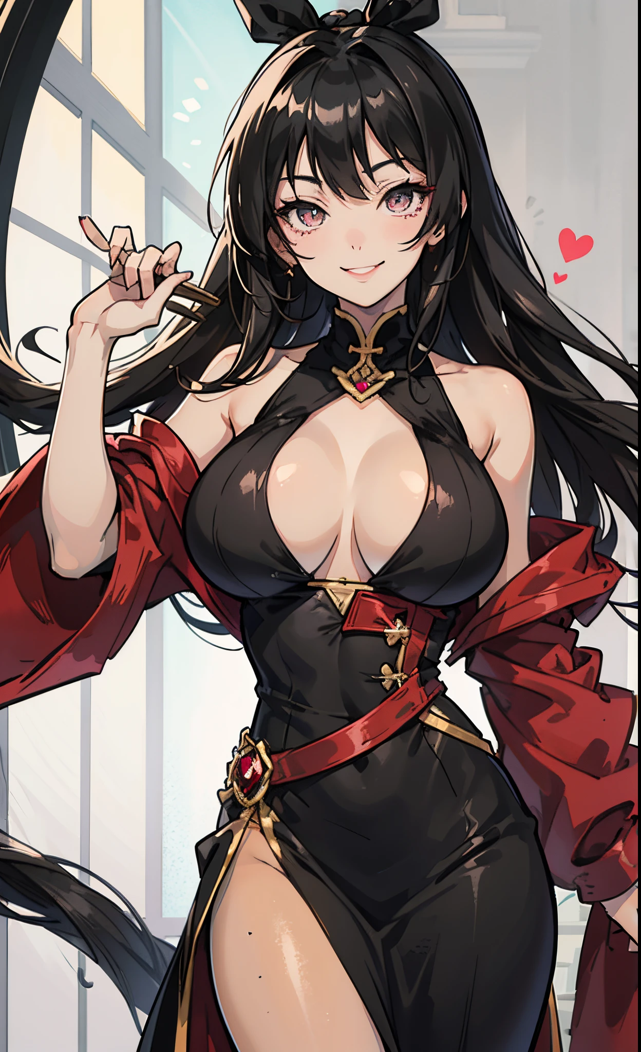 anime girl with long balck hair, tan, ruby eyes, big boobs while smiling.