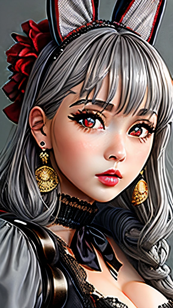 (Realistic painting style:0.9), Masterpiece, Best Quality, absurdress, looking a viewer, 独奏, (Babidol grey:1.5), Bunny's Armor, red pupils, large breasts, Long hair, gray hairs, Bangs, gray eyes, earings, drill hair, Hair between the eyes, hair ornament, (babydoll:1.3), Transparent, bed, expressionless