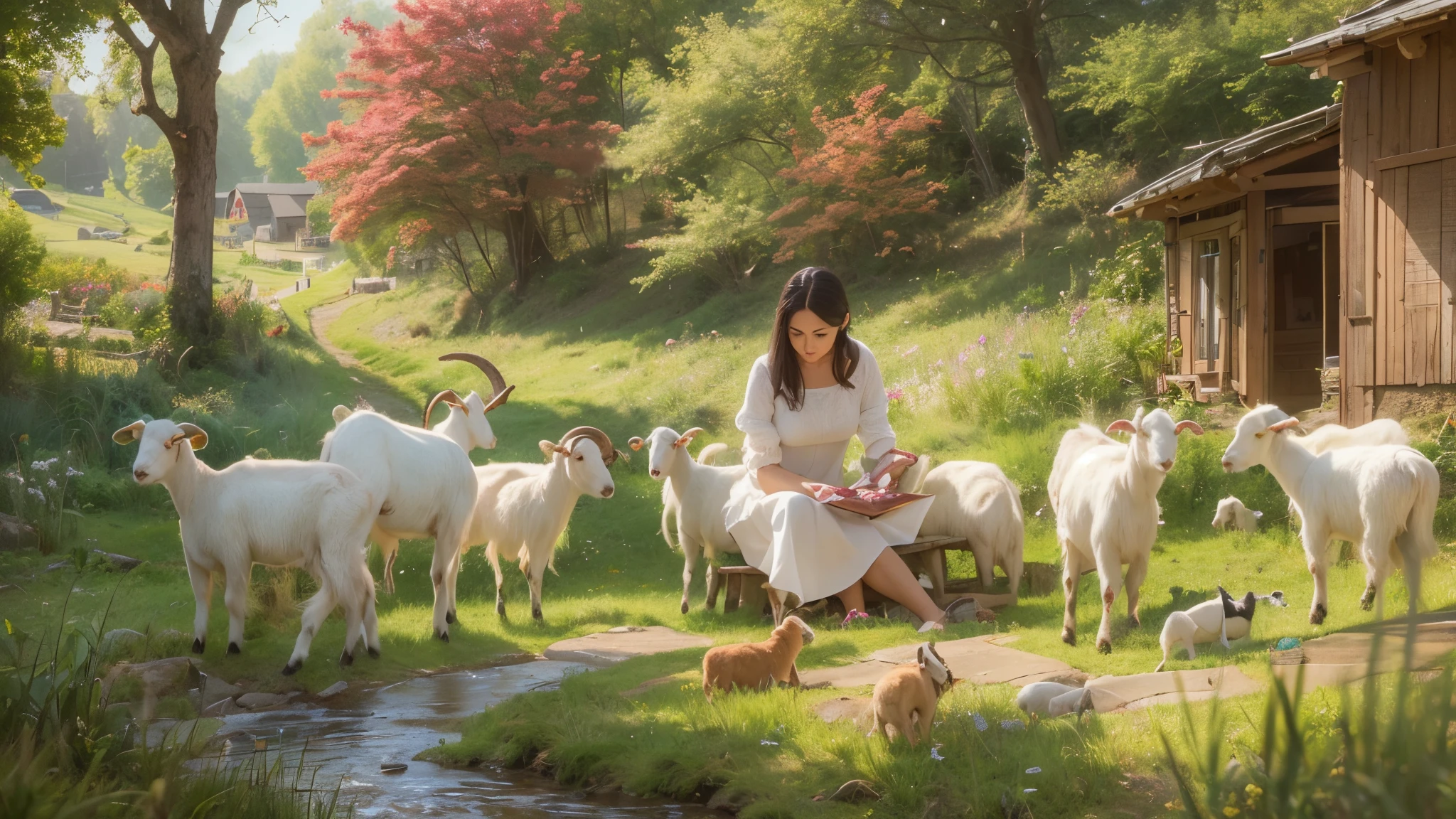 A woman wearing a white dress sitting down and putting white goats
There's a cottage in the vicinity. Grass. Hills. Creek.