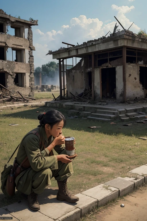 civilian,illustration,An Asian civilian eats in the ruins of a battlefield,ww2 historical photography, journalism photo,ruin,war,battlefield,Houses,oil painting,a color,人物