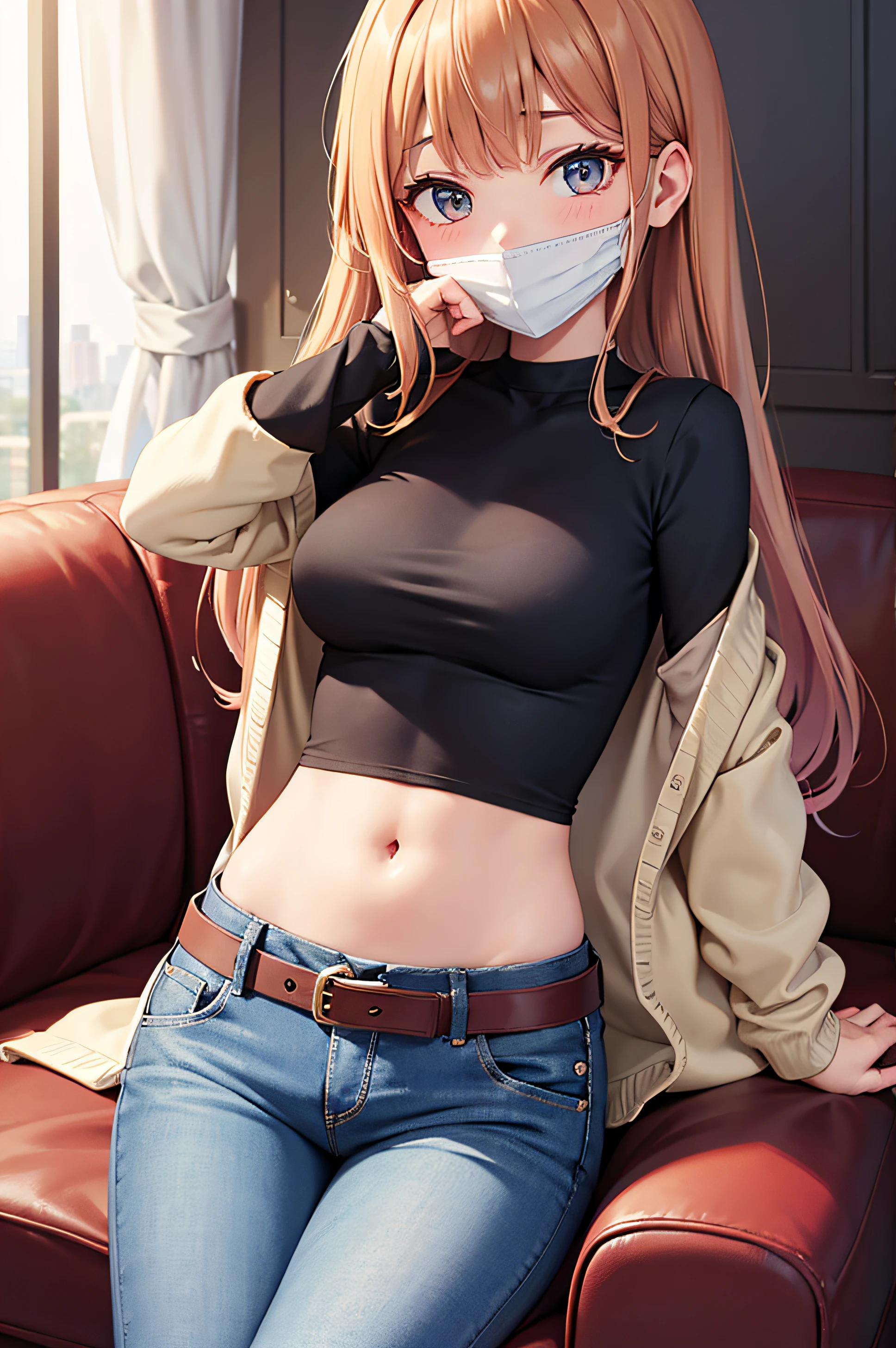 chiffon long cardigan, crop top, t shirt,1 girl, solo, medium breasts, belt, tummy, living room, covering face, jeans