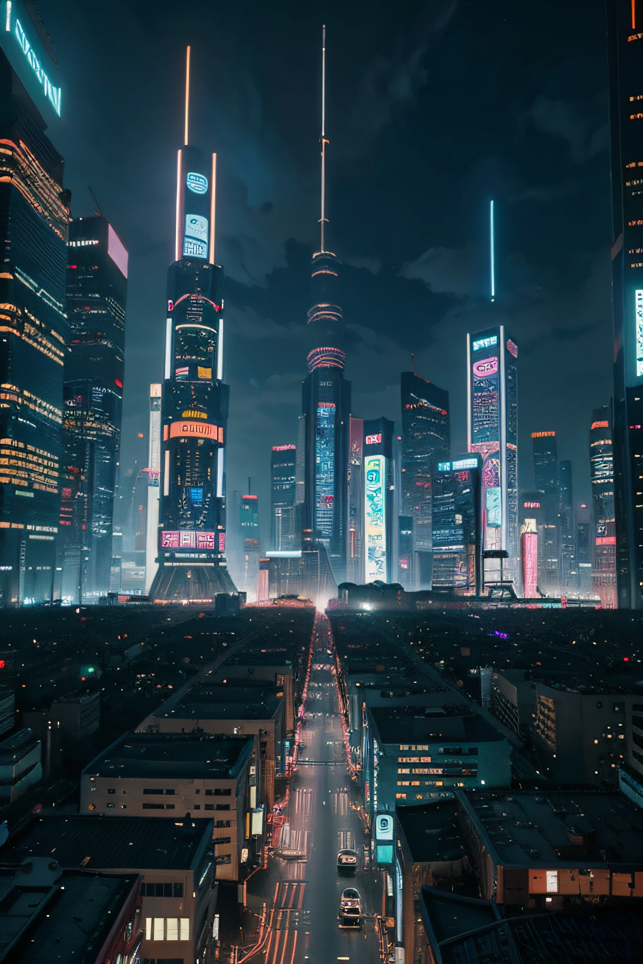 Gere uma imagem vibrante e envolvente de uma cidade futurista no estilo cyberpunk. Highlight imposing skyscrapers, estruturas urbanas intrincadas, e uma atmosfera saturada de luzes neon. Integrate advanced technology elements, futuristic vehicles, e uma paisagem urbana repleta de detalhes intrincados. Capture the essence of the cyberpunk setting, with a fusion of futuristic elements and a distinct aesthetic, ensuring an immersive and impactful representation of the city of the future.