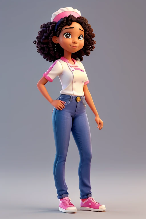 I want 3d pixar style with a mulatto woman with shoulder-length curly black hair, standing full length, with cake in her right hand, wearing a hot pink Chef Doma/dolman and blue jeans, hot pink chef hat, high shoes black, white background