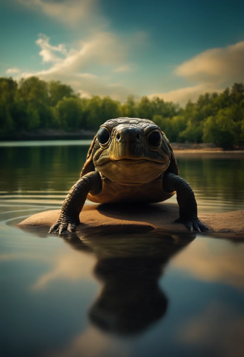 Create a super realistic image of an alien with a fat head and small body and 3 large black eyes, like a turtle, standing on the shore of the lake.