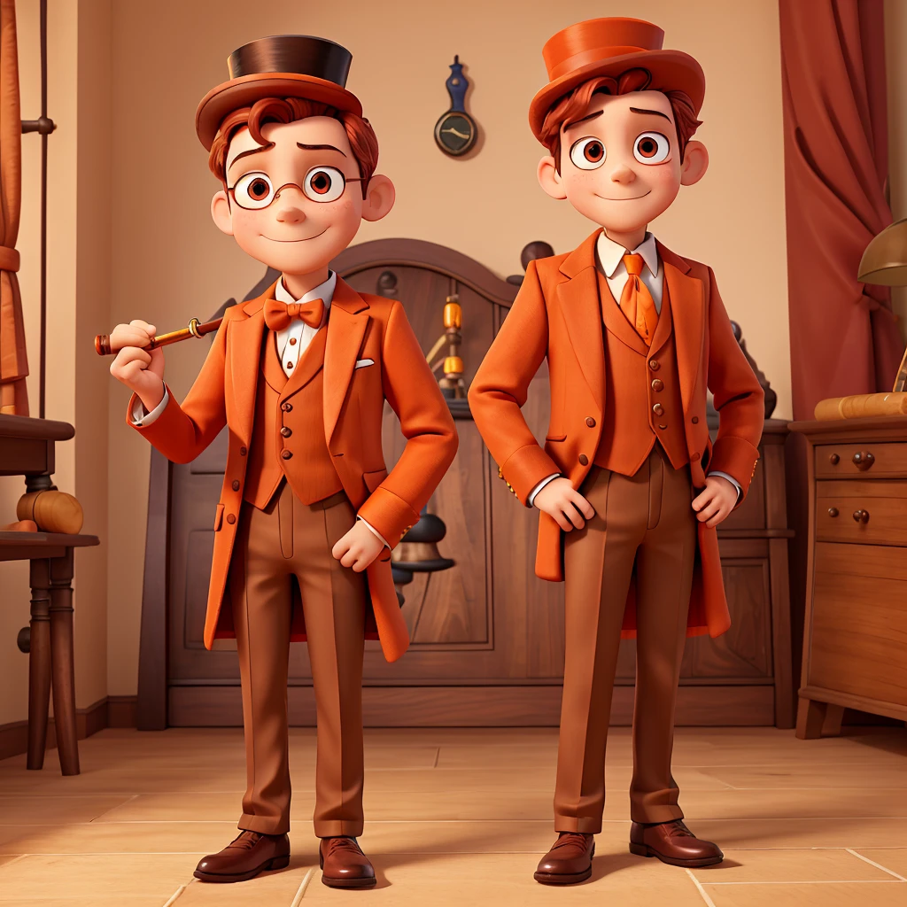 8k, full-length portrait, boy MATEO, dressed in an all-orange suit, with a top hat, gloves, with a pipe, a hand watch, with a monocle, a question-shaped cane, with reddish hair chestnut, brown eyes, he is smart and clever