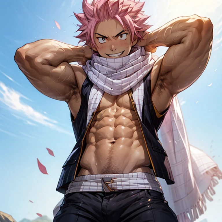 1boy, 20 year old, Natsu Dragneel smiling widely open vest ((white scarf)). In trousers with a bulge, flexing his arms looking at the viewer. Big muscular proportionate arms and strong chest and abs. Pink hair front view, detail detailed skin male skin