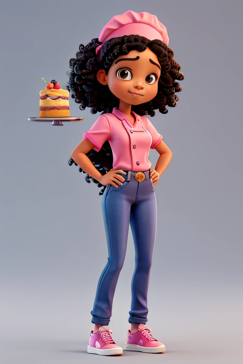 Quero estilo 3d pixar com uma mulata de cabelo preto cacheado na altura dos ombros, standing full length, with cake in right hand, vestindo um Chef Doma rosa choque/dolman e jeans azul, hot pink chef hat, sapatos altos pretos, fundo branco