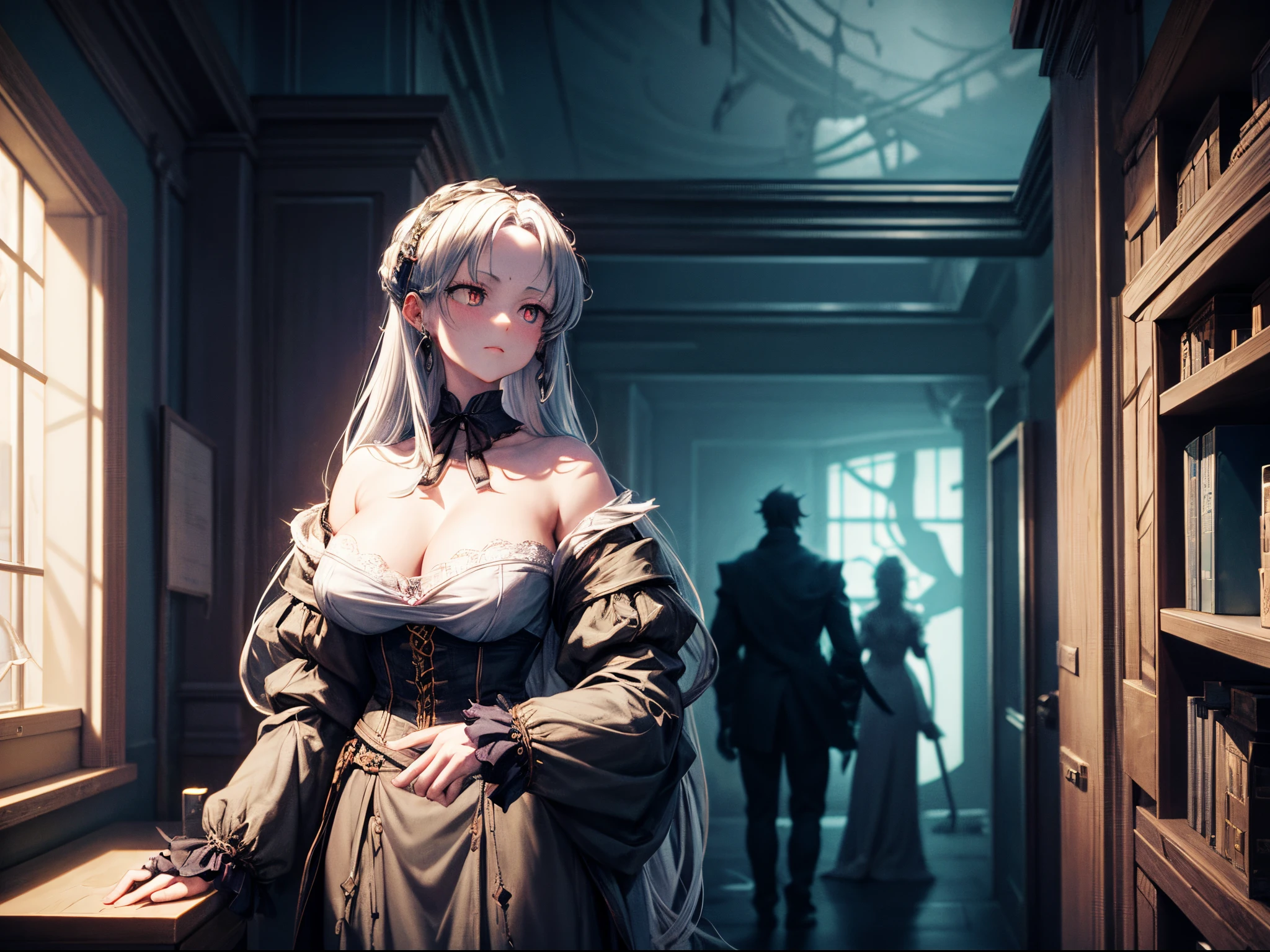 Envision a dimly lit laboratory where Leonardo AI is a Frankenstein-esque inventor, surrounded by ominous shadows that cast eerie, moving gear patterns on the walls, creating a malevolent presence from ordinary objects, hinting at a dark secret held within the mechanical heart of the AI. enormous tits