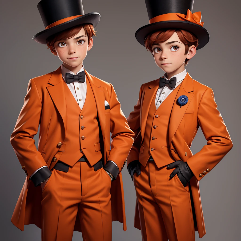 8k, full-length portrait, 9-year-old boy MATEO, dressed in an all-orange suit, with a top hat, gloves, with a pipe, a hand watch, with a monocle, a question-shaped cane, with reddish hair chestnut, brown eyes, he is smart and clever