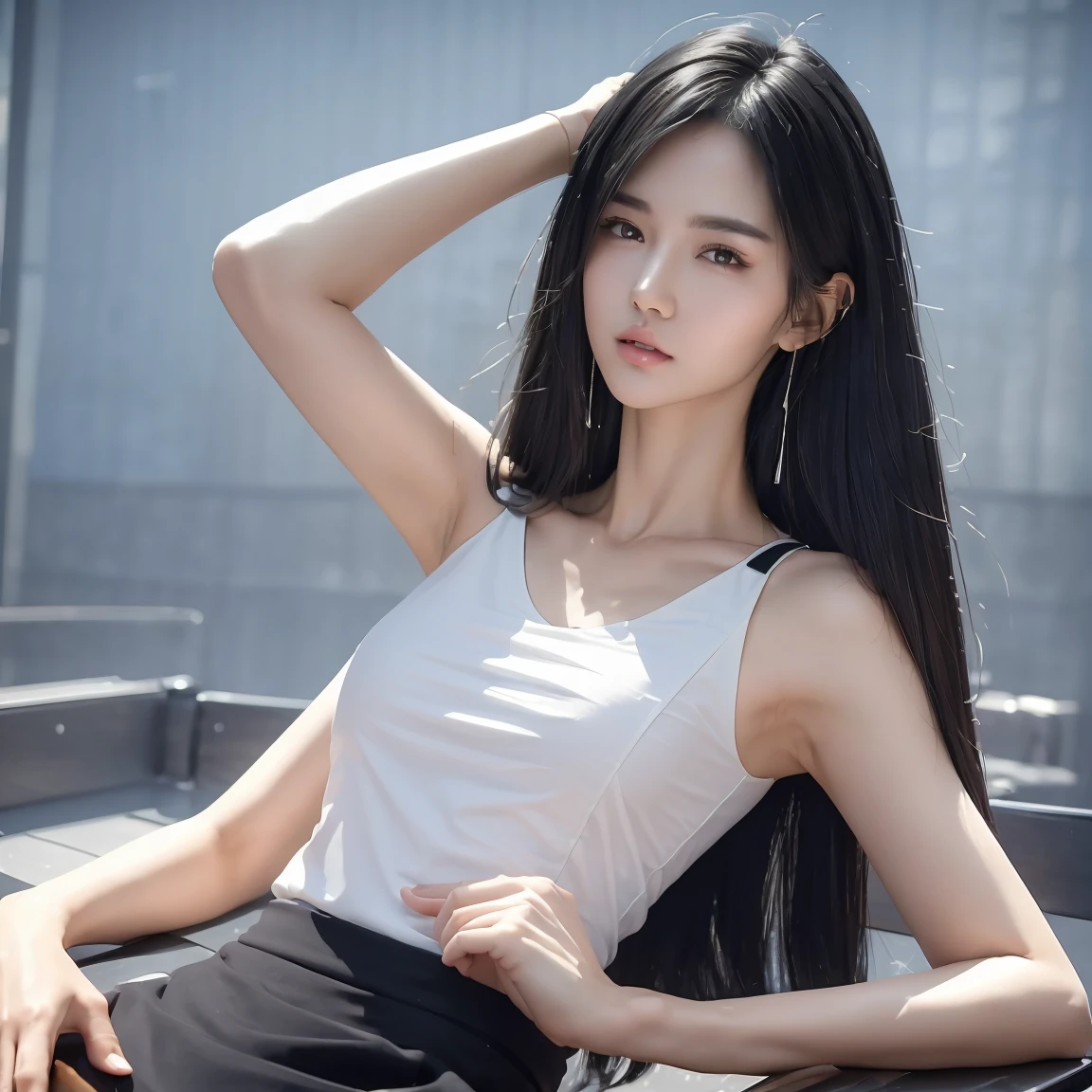 ((Best Quality, 8k, Masterpiece: 1.3)), Full Body, Focus Clear: 1.2, Outstanding Style: 1.4, Slender Abs: 1.2, ((Black Hair, Big: 1.2)), Black Tank Top, Highly Detailed Face and Skin Texture, Detailed Eyes, Double Eyelids, only two hands