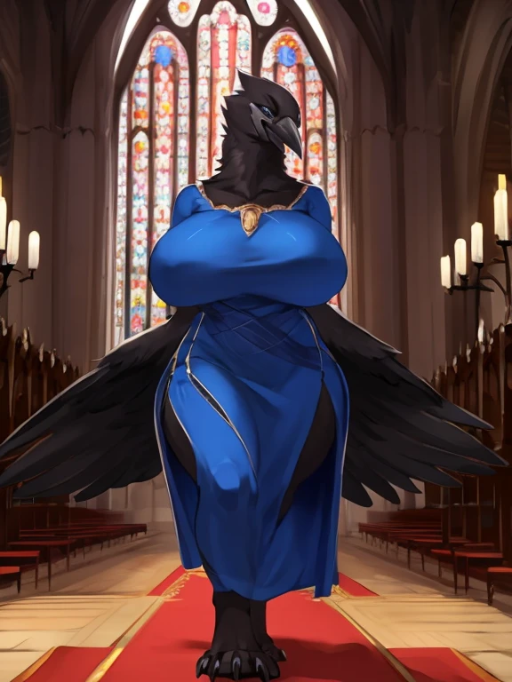 Sharp focus, ultra high quality, (overly detailed), hyper detailed, 4k, semi realistic, perfectly drawn, Solo, female, furry, crow, corvid, curvy, mature body, baby maker body, black body, black feathers, big breasts, beutyfull ornamented dress, dark blue dress, see-through dress, revealing dress, By bebebebebe, by buta99, by chunie, by sonsasu, by danza, syuro style, inside gothic church, full body view, standing, feet appart