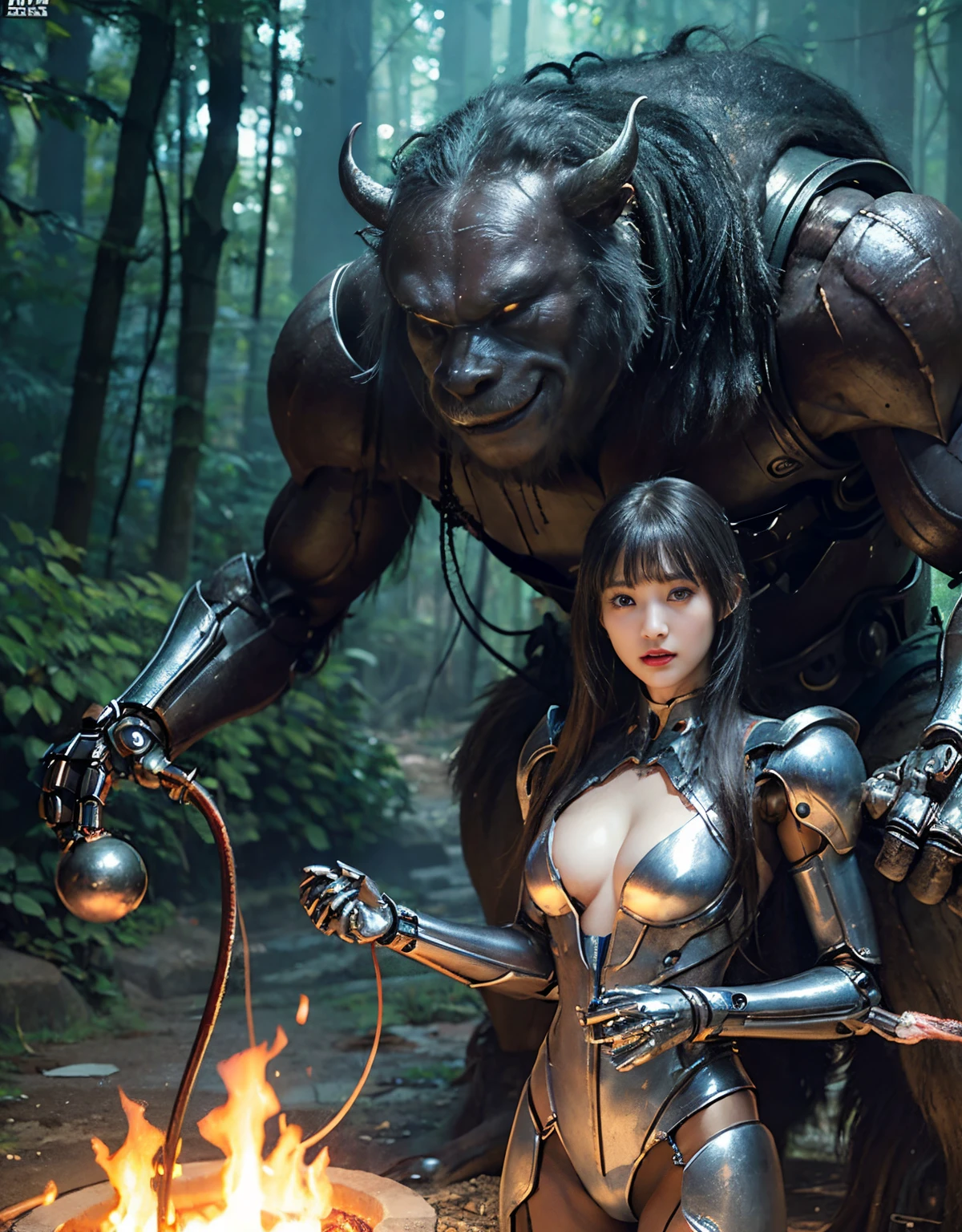 (1 Mechanical Girl)、top-quality、masterpiece、超A high resolution、(Photorealsitic:1.4)、Raw photo、1人、Fight mutants、glowy skin、(((1 Mechanical Girl)))、(Red Metal Bodysuit)、(Fight goblings、ogre、Fierce battle with orcs),(Fight fiercely against aliens)、Fight fiercely、(beautiful forest background)、(Fighting Demonic Beasts)、(Small LED)、((super realistic details))、portlate、(Strong giant demon beast background),globalillumination、Shadow、octan render、8K、ultrasharp、Colossal tits、Raw skin is exposed in cleavage、red metal、Details of complex ornaments、Japan details、highly intricate detail、Realistic light、(Mystical expression),CGSoation Trends、Blue eyes、radiant eyes、Facing the camera、neon details、(Mechanical limbs)、(blood vessels connected to tubes)、(Wires and cables connecting to the head)、Small LED、,Mechanical thighs、Toostock、(Hands are also made of machines)、(Attack of the Monster Beasts)、