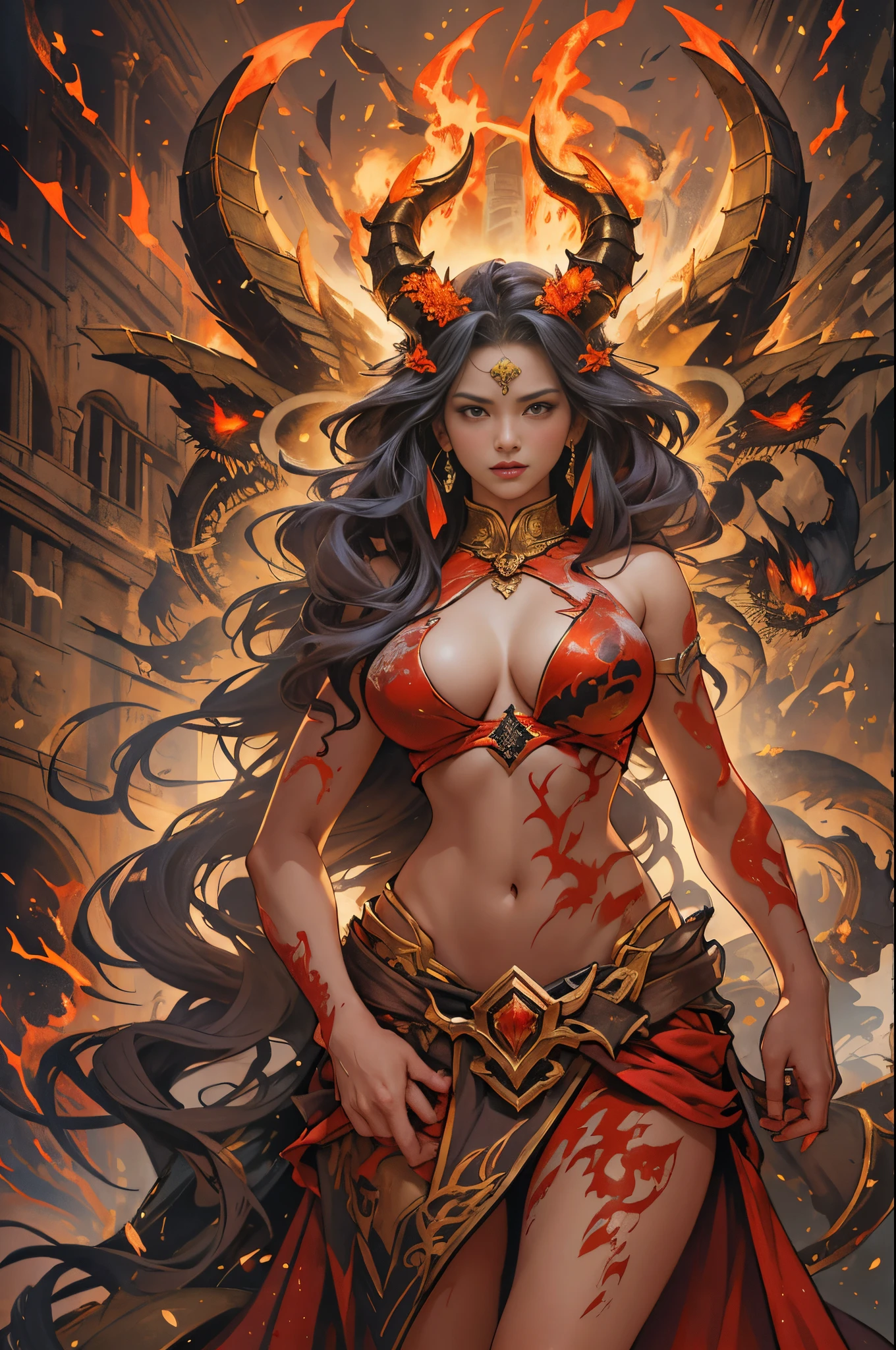 (tmasterpiece,top-quality,Best quality at best,offcial art,Beautiful and beautiful:1.2),A scene from a battle where a giant horned red butterfly fights against the goddess of war.,She is a great giant,she is a lovely princess,she is a strong warrior,butterflys,lightning in sky,magma,At the foot of the mountain,mountain in the distance,(theelementoffire:1.4),real butterfly,Highly realistic,Correct anatomy,fully body photo,convex,Cute big breasts,revealing breasts,legs separated,plum,unsatisfied desire,Bare genitals, Camel toes,Sexy gesture,climaxing,sex huge breasts cleavage, Barefoot,Sexy gesture,fist to flesh,(tangled,datura,Tangles,entangled)(Long hair、grow meat,simple ,),Married woman,熟妇,delicated face,beautiful detailed eyes,Correct anatomy,Detailed faces, 詳細な目,divinelight,gold foil,Gold leaf art,Deep background,Huang Li,marvelous and unbelievable,Epic work,(Complicated details,hyper-detailing:1.2),ultra real photo, Epic reality, ((com cores neutras)),(pastel colour:1.2), hyper realisitc, + Cinema lenses + dynamic combination, The content is very detailed, Sharpen, Cinematic, illuminate warmly, Light effect, Dramatic light, (Complicated details:1.1), the complex background, (greg rutkovsky:0.8), (black and red:0.4),