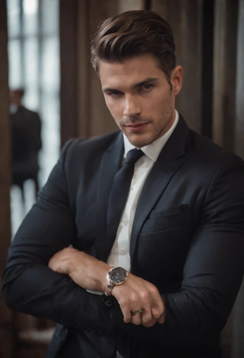 Homem lindo de terno , cabelo curto, homem sexy executivo, terno preto