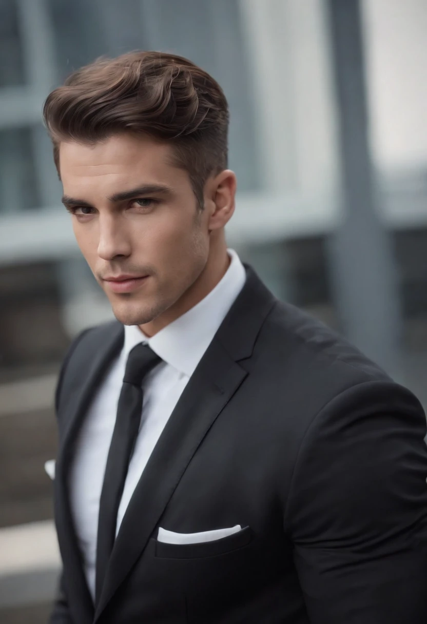 Homem lindo de terno , cabelo curto, homem sexy executivo, terno preto