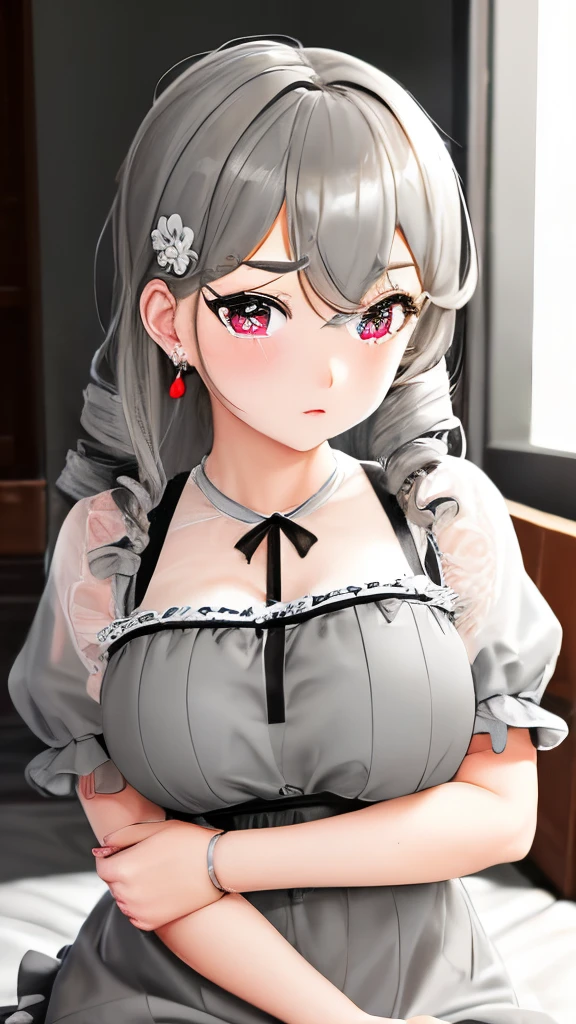 (Realistic painting style:0.9), Masterpiece, Best Quality,  absurdress, looking a viewer, 独奏, (Babidol grey:1.5),  Rabbit armor, red pupils, , Long hair, gray hairs, Bangs, gray eyes, earings, drill hair, Hair between the eyes, hair ornament, (babydoll:1.3), Transparent, bed, expressionless
