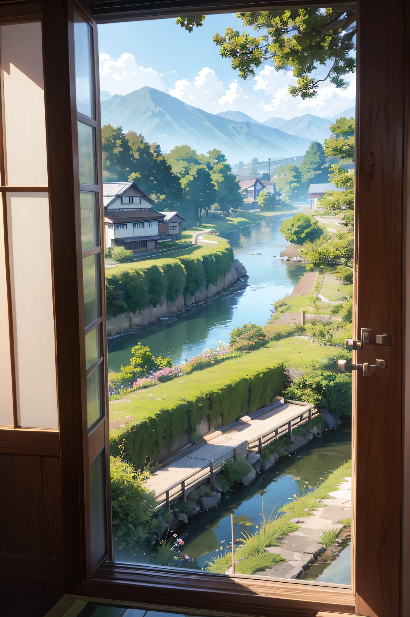 anime painting of a view out of the window of a river between a little rural japanese city,mountains on the background, a light blue clear sky, makoto shinkai style, dream scenery art, some flowers near the girl, the main subject of the image must be the scenery