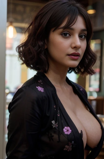 beautiful gorgeous glorious skinny bollywood actress, wearing black floral tee and See-through jacket, panty, high hill boot, pretty face, beautiful glorious face, very fine face details, bright eyes, purple lips,burgundy hair, bob cut curls, gigantic alluring natural breasts, round, gigs, cleavage,4K details, ultra high resolution, skin fine details, standing at pub,