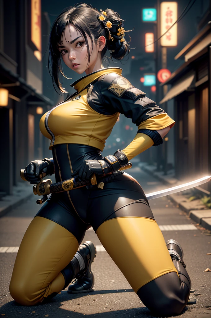 1 girl, (((Full body))), (yellow racing suit), (((1 samurai sword))), gloves, tactical, (black hair), high resolution, sharp image, from the back,
((Best quality)), ((masterpiece)), highly detailed, Depth-of-field, Multi-layered textures,(Hyperrealistic), HDR (High Dynamic Range), Ray Tracing, NVIDIA RTX, Unreal 5, Subsurface scattering, PBR Texturing, Post-processing,
Anisotropic Filtering, Maximum clarity and sharpness, Wide aperture, Low ISO, White balance, Rule of thirds, 8K RAW, (extremely slutty), Night city in the background, Ultra HD, dramatic, highly detailed hands