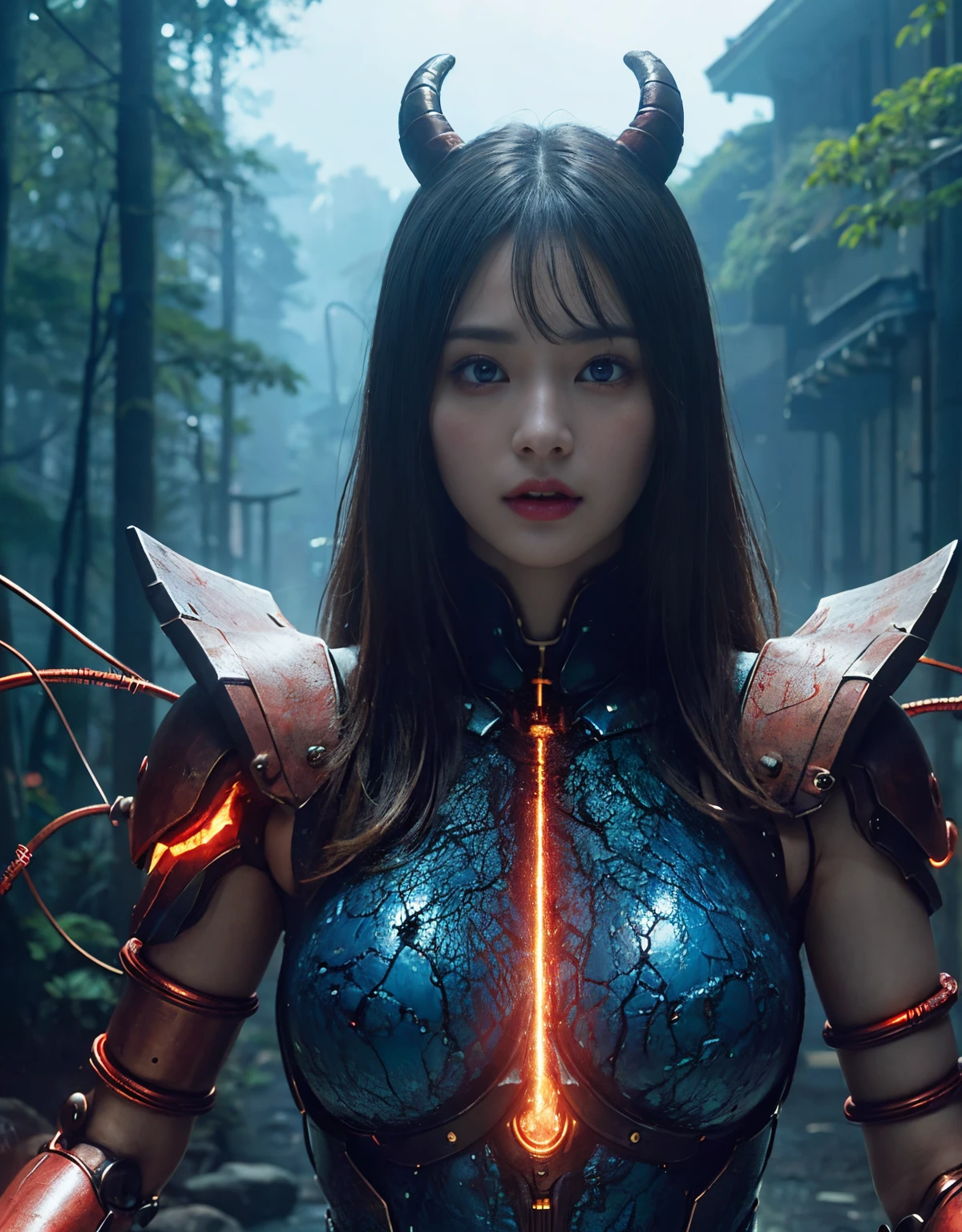 (1 Mechanical Girl)、top-quality、​masterpiece、超A high resolution、(Photorealsitic:1.4)、Raw photo、女の子1人、Fight mutants、glowy skin、(((1 Mechanical Girl)))、（Red Metal Bodysuit）、(Fight goblings、ogre、Fierce battle with orcs),（Fight fiercely against aliens）、Fight fiercely、(beautiful forest background)、(Fighting Demonic Beasts)、(Small LED)、((super realistic details))、portlate、(Strong giant demon beast background),globalillumination、Shadow、octan render、8K、ultrasharp、Colossal tits、Raw skin is exposed in cleavage、red metal、Details of complex ornaments、Japan details、highly intricate detail、Realistic light、(Mystical expression),CGSoation Trends、Blue eyes、radiant eyes、Facing the camera、neon details、(Mechanical limbs)、(blood vessels connected to tubes)、(Wires and cables connecting to the head)、Small LED、,Mechanical thighs、Toostock、（Hands are also made of machines）、（Attack of the Monster Beasts）、