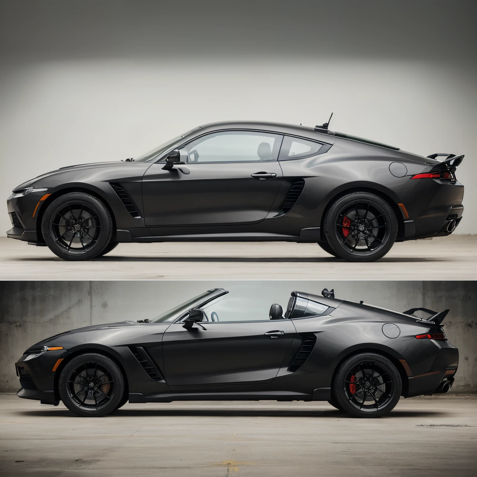 Technical sheet of the design concept of a military sports car with machine guns on the sides, characterized by style and flowing lines, a combination of simplicity and modern technology, with built-in two machine guns, armored, View from different sides, Technical description of the elements