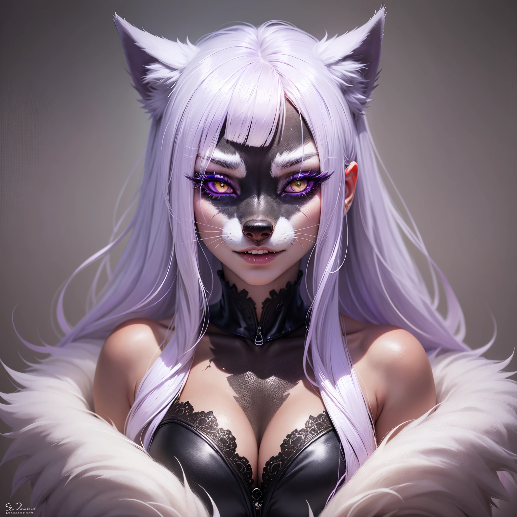 Demon wolf, white fur violet eyes, long lashes --auto --s2