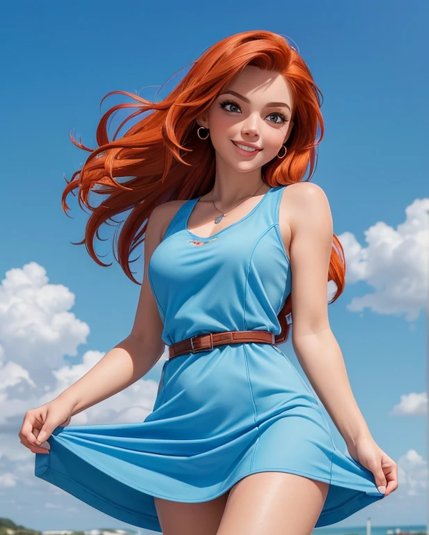 (( beste-Qualit, 8K , high resolution, tmasterpiece :1.2)) cartoonish style, handsome girl, detailed, medium portrait of,redhead hair, perfect lips beautiful dreamy smile, is looking at the camera , wearing a short blue sports dress