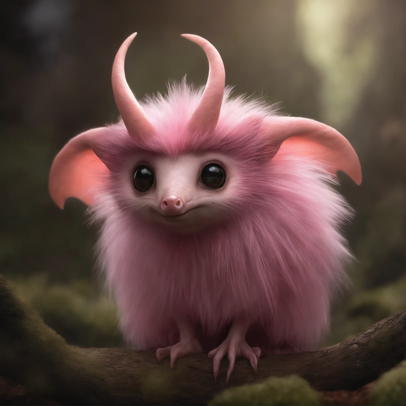 gremlin, like an echidna, Huge eyes, large ears, horns near the ears, big carrot in paws, white and pink fur, short tail, pink wool coat, The clothes, Best Quality, Masterpiece, in style of dark fantasy art