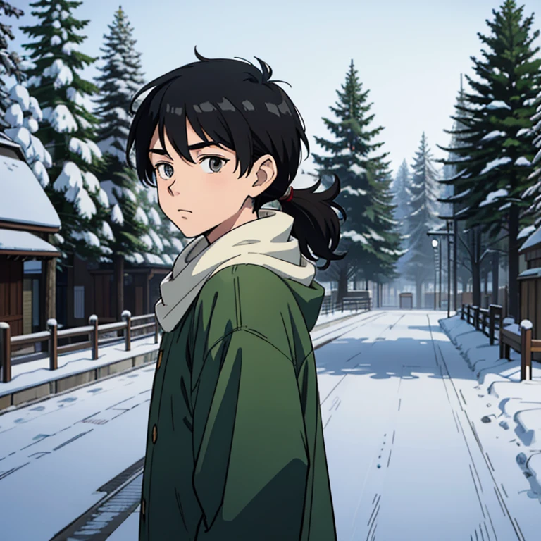 (Sketch) (Manga style) Christmas, a young boy with a long mullet haircut, big lips, and slanted eyes, wearing a hat. Winter season, snow and pine trees on the streets