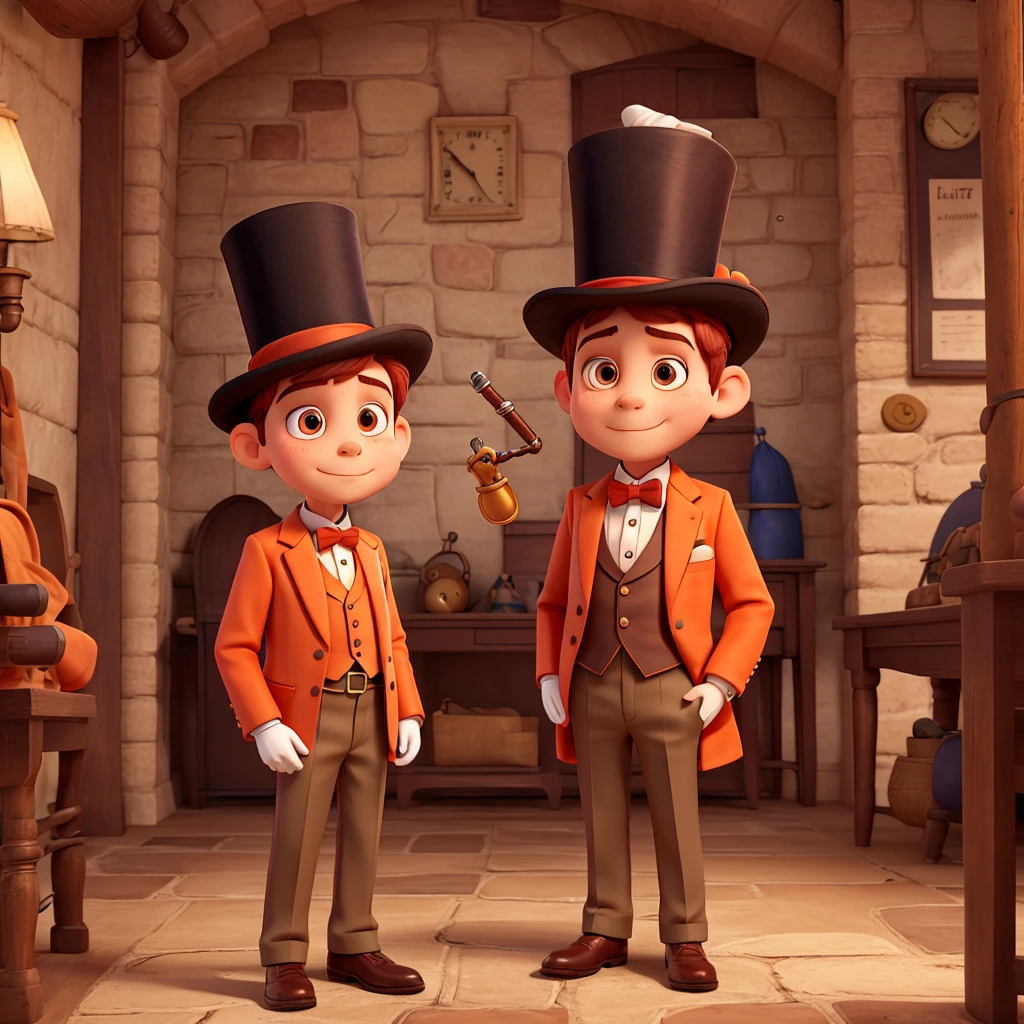 8k, full-length portrait, 9-year-old boy MATEO, dressed in an all-orange suit, with a top hat, gloves, with a pipe, a hand watch, with a monocle, a question-shaped cane, with reddish hair chestnut, brown eyes, he is smart and clever