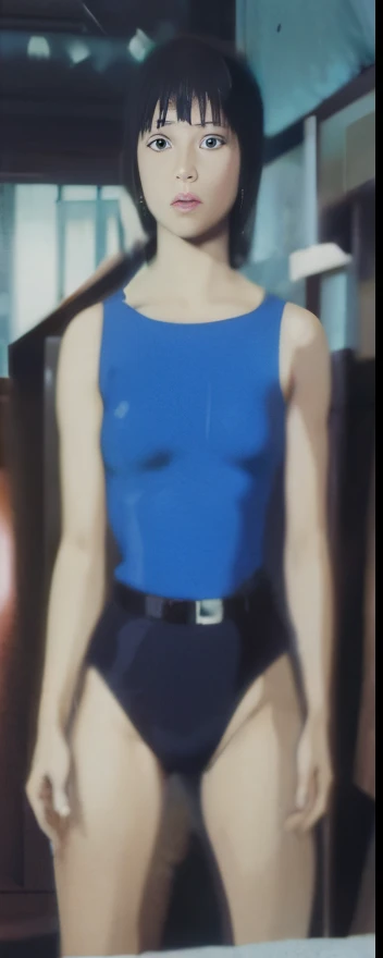 Yukie Suzuki, idol, 80’s, black hair, Asian eyes, nose, lips, focused, blue and black leotard, belt, breasts, footwear, wallpaper, standing, cameltoe view, pussy lips