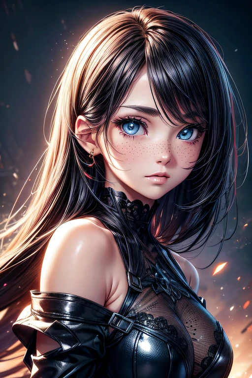 ((ultra detailed)),((Bright eyes)), (Detailed eyes) , 8k, blink blink, (The Little Faux Freckles Makeupgirl), ((realistic skin)), ((focus detailed 2 straps on the shoulders of dress)) , ((shiny facial skin)), with colorful hair and a colorful dress, rossdraws pastel vibrant, rossdraws cartoon vibrant, style anime 8k, beautiful portrait, artgerm colorful!!!, ! dream artgerm, beautiful anime girl, styled digital art, art wallpaper 8k, digital art, extremely detailed artgerm,