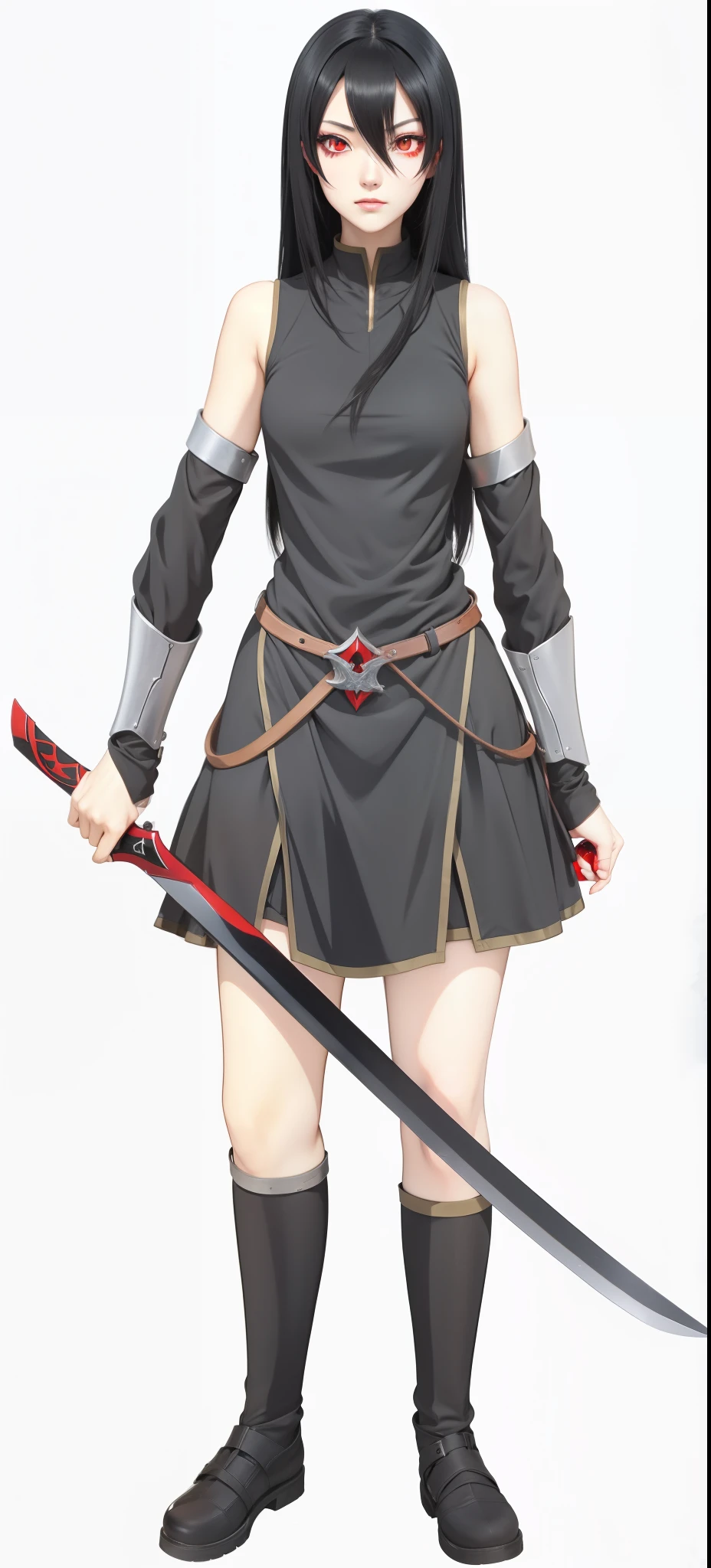 Anime girl with long black hair and red eyes, with red eyes holding red-black sword