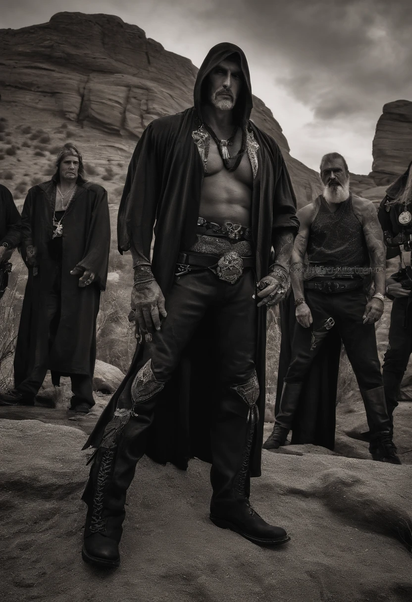 A photo of Reaper leading a discussion with other gang leaders at a secluded hideout,original,Jason “Reaper” Donovan was an imposing figure, standing at 6’5” with a muscular build, embodying the quintessential outlaw biker. His body was adorned with tattoos, each symbolizing a chapter of his turbulent life. A distinctive scar running down his left cheek and cold, piercing eyes added to his intimidating presence. Reaper’s rugged, weathered features spoke of a life lived on the edge, far removed from ordinary society., male