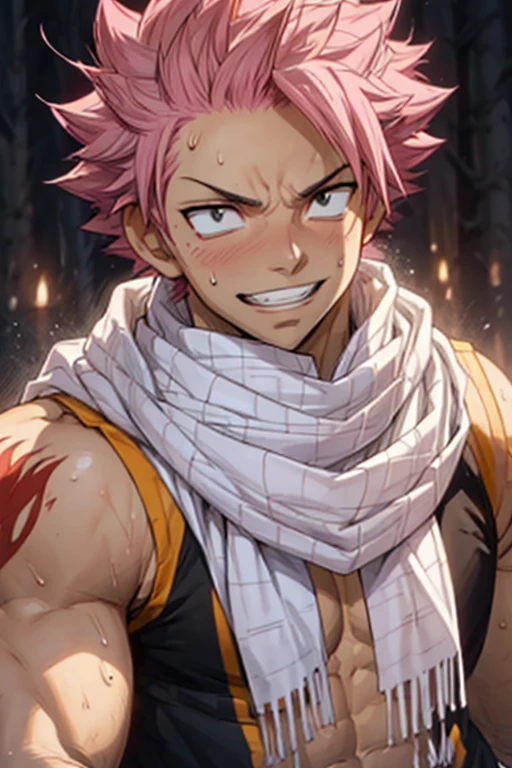 1boy, 20 year old, Natsu Dragneel sweating heavily smiling widely wearing a black sleeveless jacket wearing white scarf , reclining down looking at the viewer. Big muscular proportionate arms and strong chest and abs. Pink hair and detailed eyes. front view, wearing ((white scarf)). big pecs and strong washboard abs. flushed face man