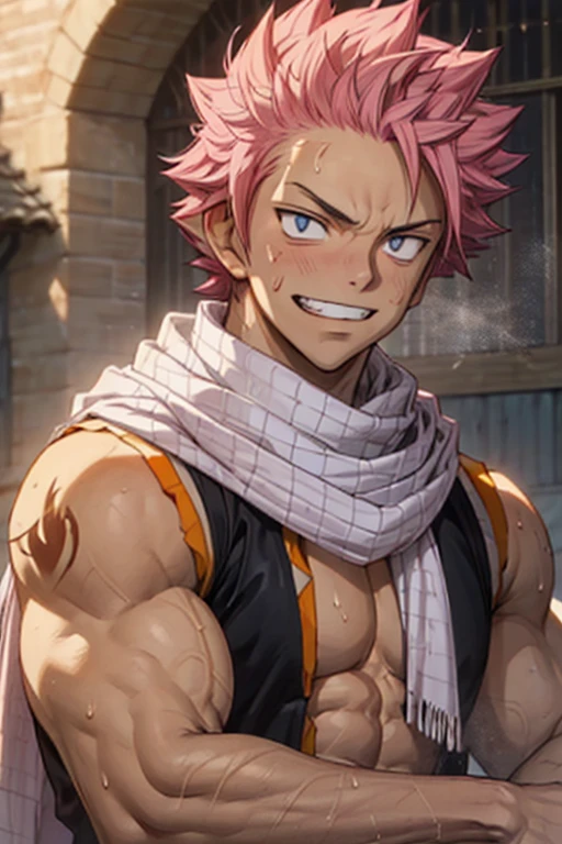 1boy, 20 year old, Natsu Dragneel sweating heavily smiling widely wearing a black sleeveless jacket wearing white scarf , reclining down looking at the viewer. Big muscular proportionate arms and strong chest and abs. Pink hair and detailed eyes. front view, wearing ((white scarf)). big pecs and strong washboard abs. flushed face man