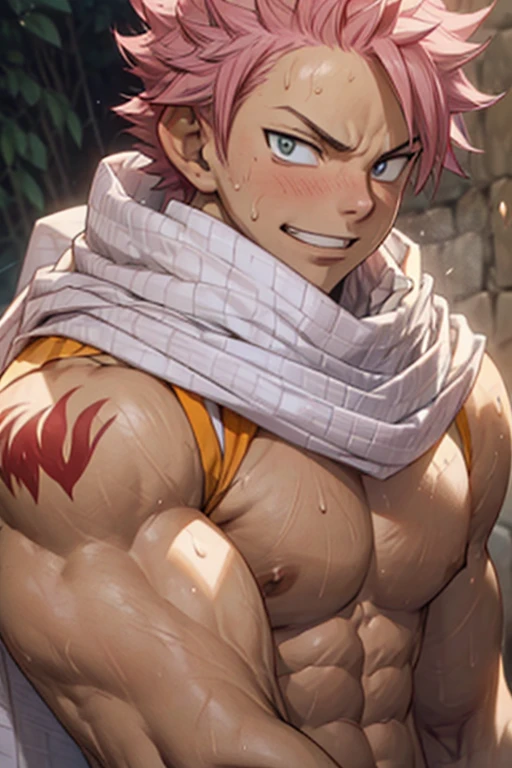 upper body, 1boy, 20 year old, Natsu Dragneel sweating heavily smiling widely wearing a black sleeveless jacket wearing white scarf , reclining down looking at the viewer. Big muscular proportionate arms and strong chest and abs. Pink hair and detailed eyes. front view, wearing ((white scarf)). big pecs and strong washboard abs. flushed face man,