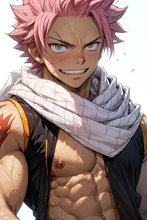 upper body, 1boy, 20 year old, Natsu Dragneel sweating heavily smiling widely wearing a black sleeveless jacket wearing white scarf , reclining down looking at the viewer. Big muscular proportionate arms and strong chest and abs. Pink hair and detailed eyes. front view, wearing ((white scarf)). big pecs and strong washboard abs. flushed face man,