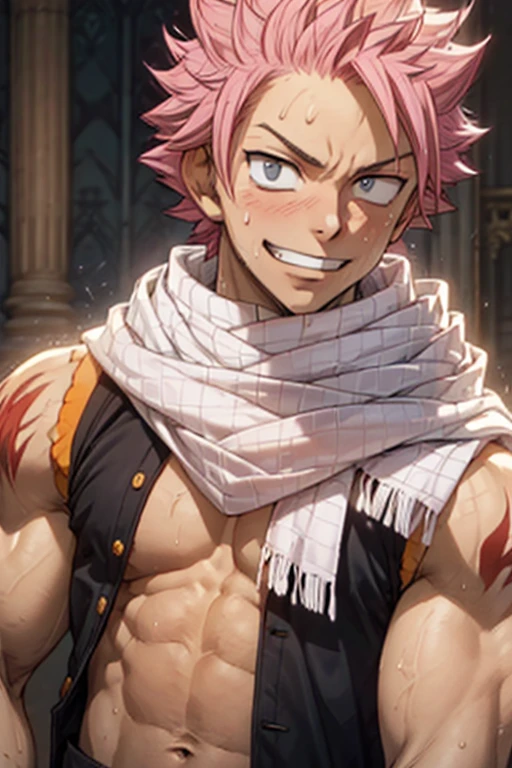 upper body, 1boy, 20 year old, Natsu Dragneel sweating heavily smiling widely wearing a black sleeveless jacket wearing white scarf , reclining down looking at the viewer. Big muscular proportionate arms and strong chest and abs. Pink hair and detailed eyes. front view, wearing ((white scarf)). big pecs and strong washboard abs. flushed face man,