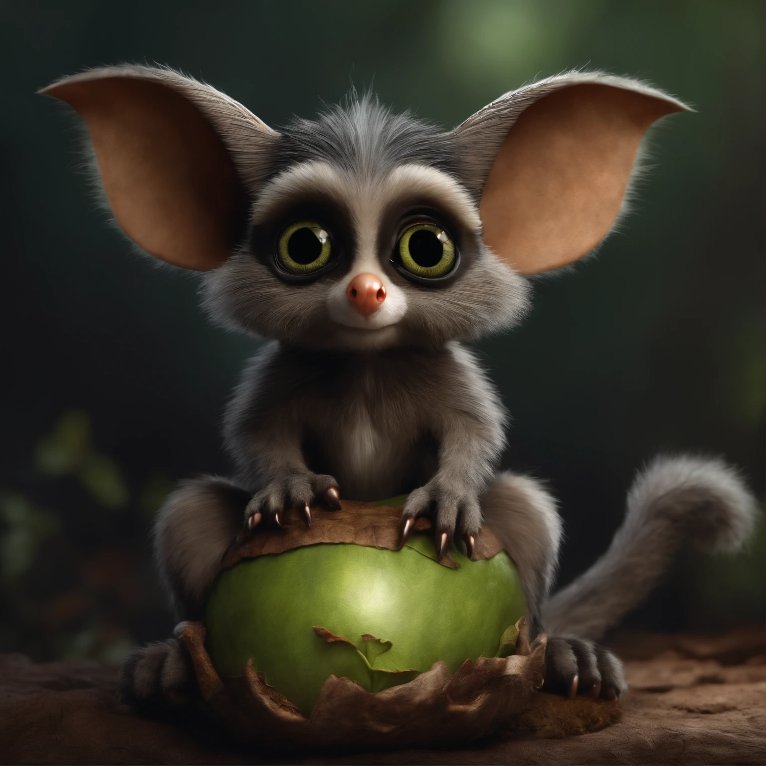 gremlin, like a possum, Huge eyes, large ears, acorn in paws, silver fur, short tail, shaggy, Masterpiece, in style of dark fantasy art