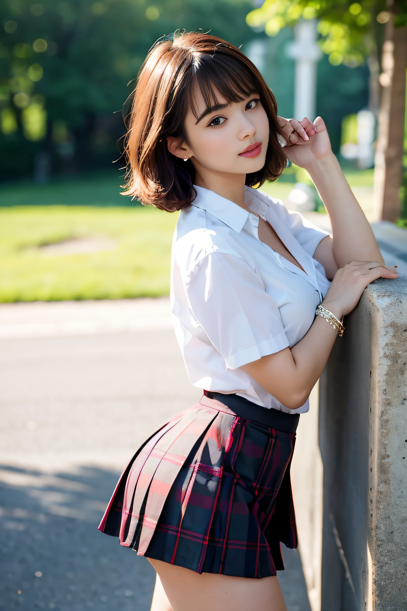 NSFW (en anglais seulement), Photo RAW 8k, Best quality, Masterpiece, ultra highres, grain du film, Filmographie, 1fille, Regarder le spectateur, Texture naturelle de la peau, Realistic eye and face details, full lips, lipstick, (Makeup), red eyeshadow, cheveux courts moelleux, messy hair, sourire, Fermer la bouche, Belles jambes, Grande femelle, maigre, mince_jambes, seulement, enormous breast, clivage, Pose with your buttocks in front of you, Jupe ultra courte, ass, chemise, Bel emplacement dans la nature, Around the location of flowers, (detailed background), plaid skirt, Chemise mouillée blanche, enormous breast, clivage, show a small neckline through the shirt, loafers, blured background, Floue, possession, plaid, manches courtes, Ruban JK sur le cou, Ruban JK, cheveux bruns, bracelet, Eau, frange, Uniforme scolaire, joaillerie, lips parted, minora, From the side, pleated skirt, profondeur de champ