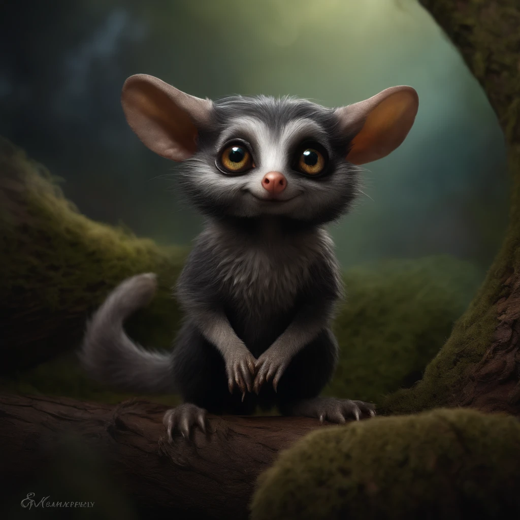 gremlin, like a possum, Huge eyes, large ears, big acorn in paws, silver fur, short tail, tousled, Masterpiece, in style of dark fantasy art