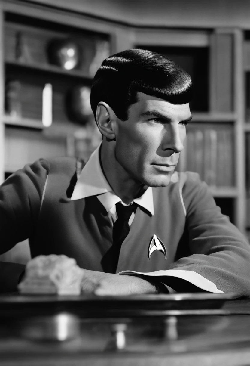 A photo of Spock at the Vulcan Science Academy, observing an ancient Vulcan artifact.,Star Trek,Spock, the iconic character from “Star Trek,” is distinguished by his unique Vulcan appearance: sharp, angular features, with notably pointed ears and slanted eyebrows, often complemented by his calm, composed expression. His hair is typically cut in a precise, straight style, adding to his orderly and logical demeanor., male