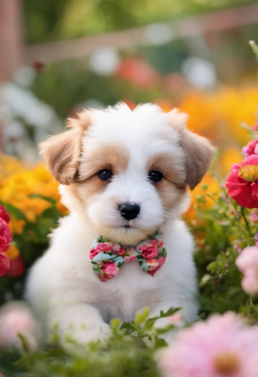 The image is of a very small puppy wearing a lovely floral hair bow and sitting in a garden filled with colorful flowers.,original,Small, curly, pretty, lovely, female