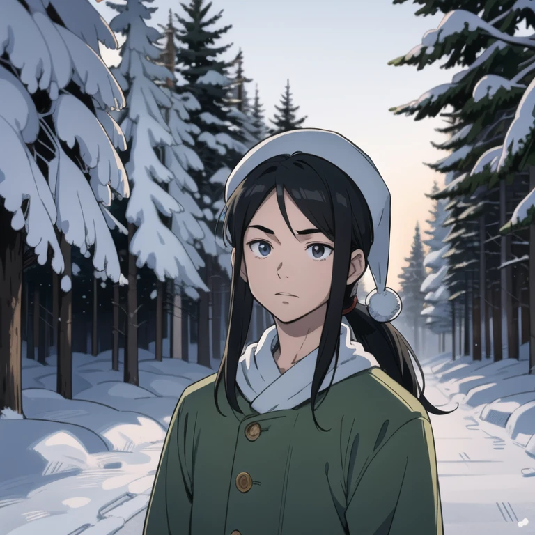 Chiaroscuro. (Sketch) (Manga style) Christmas, a young boy with a long mullet haircut, big lips, and slanted eyes, wearing a hat. Winter season, snow and pine trees on the streets