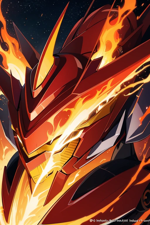 Close-up of a person riding a motorcycle with fire and flames, flame conjuring armored, gurren lagann, umanosuke iida, nffsw.gridman, mika kurai demon, by Kanbun Master, norihiro yagi, year 3000, year 3 0 0 0, full art, gurenn lagann