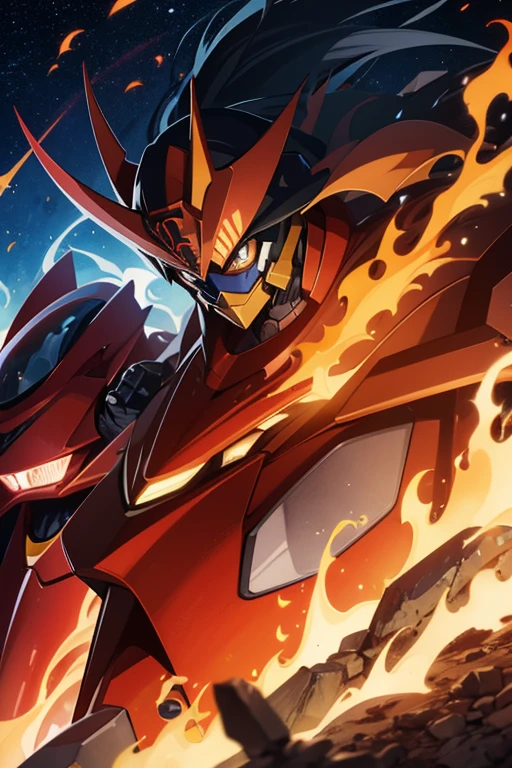 Close-up of a person riding a motorcycle with fire and flames, flame conjuring armored, gurren lagann, umanosuke iida, nffsw.gridman, mika kurai demon, by Kanbun Master, norihiro yagi, year 3000, year 3 0 0 0, full art, gurenn lagann