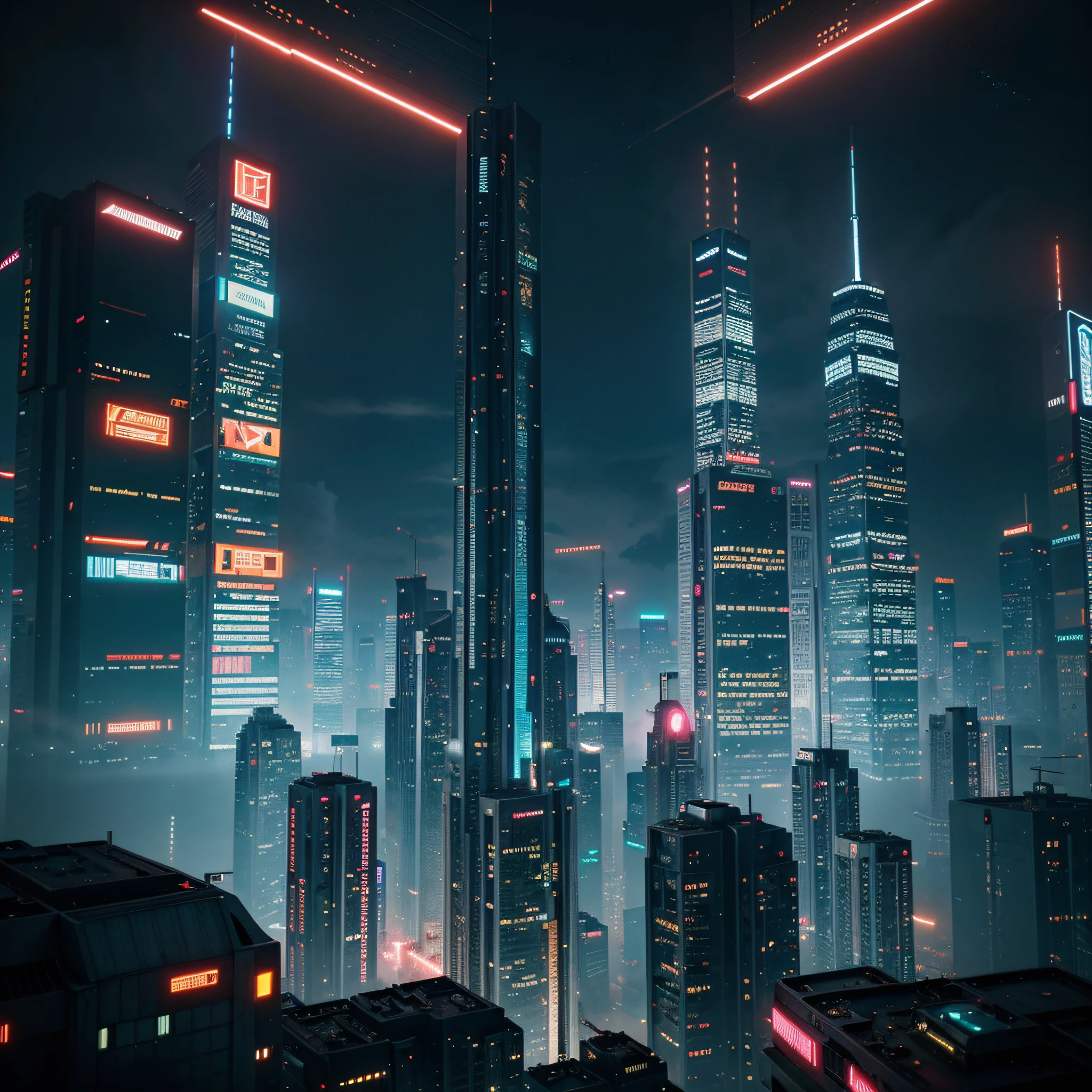 Gere uma imagem horizontal vibrante e envolvente de uma cidade futurista no estilo cyberpunk. Highlight imposing skyscrapers, estruturas urbanas intrincadas, e uma atmosfera saturada de luzes neon. Integrate advanced technology elements, futuristic vehicles, e uma paisagem urbana repleta de detalhes intrincados. Capture the essence of the cyberpunk setting, with a fusion of futuristic elements and a distinct aesthetic, ensuring an immersive and impactful representation of the city of the future.