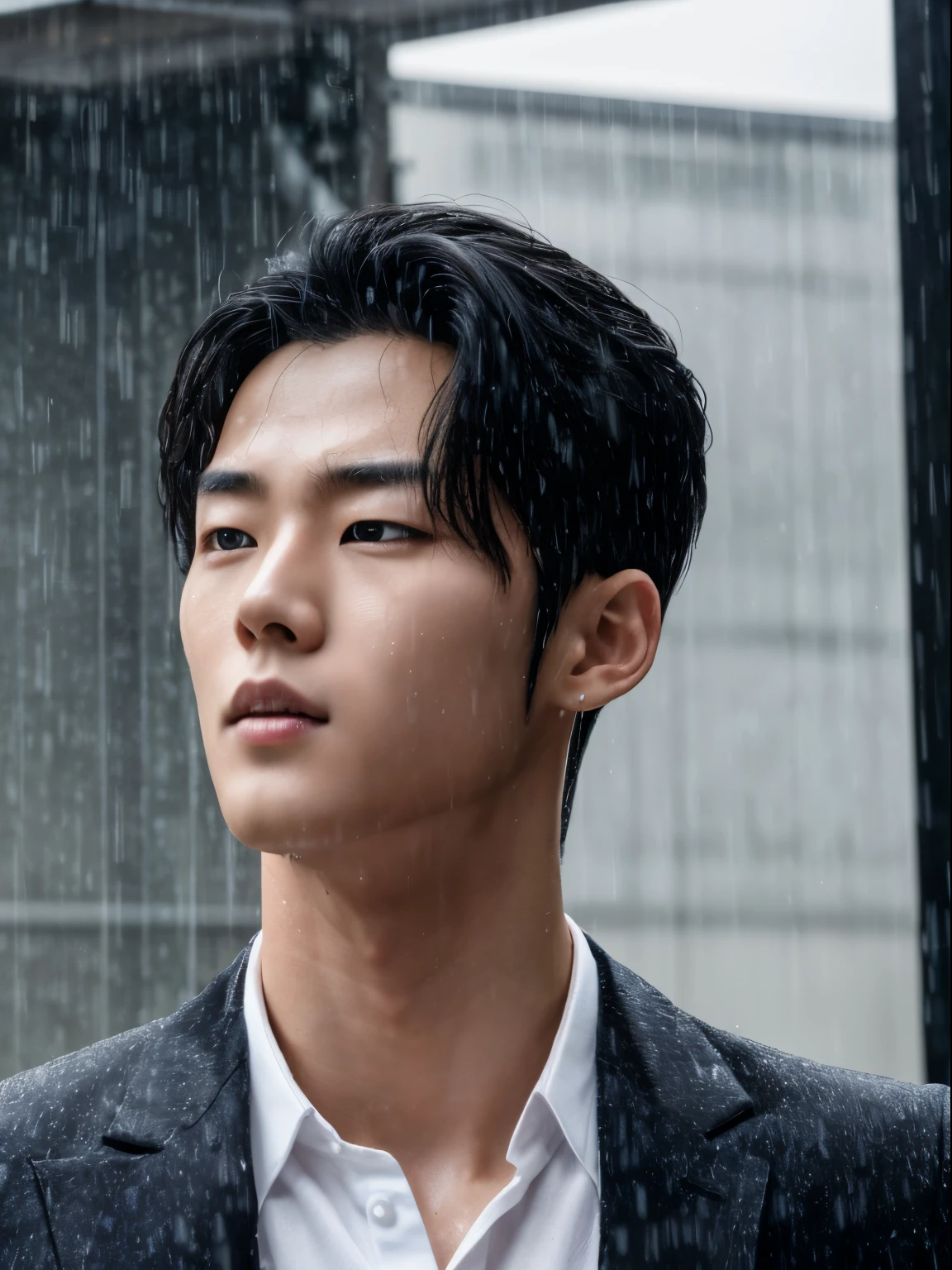 yaoi,bl ,handsome face,slender、Beautiful facial features。hugging face,upper body,light blush, masterpiece, ultra quality, high resolution, 8k, intricate: 1.2), handsome, Young Korean man ,white skin, double eyelids , detailed skin, ((realistic)),, ((pale skin)),(8K, RAW photo, Highest quality) ,8k, super detail, accurate, ,Best quality, super high resolution, (realistic: 1.4), handsome, good facial details, handsome young Korean males,shirtless in the rain,storm, in the background you can see raining ,thunder,(wet hair),wet,drip drop,dynamic angle,dynamic pose,heavy rain